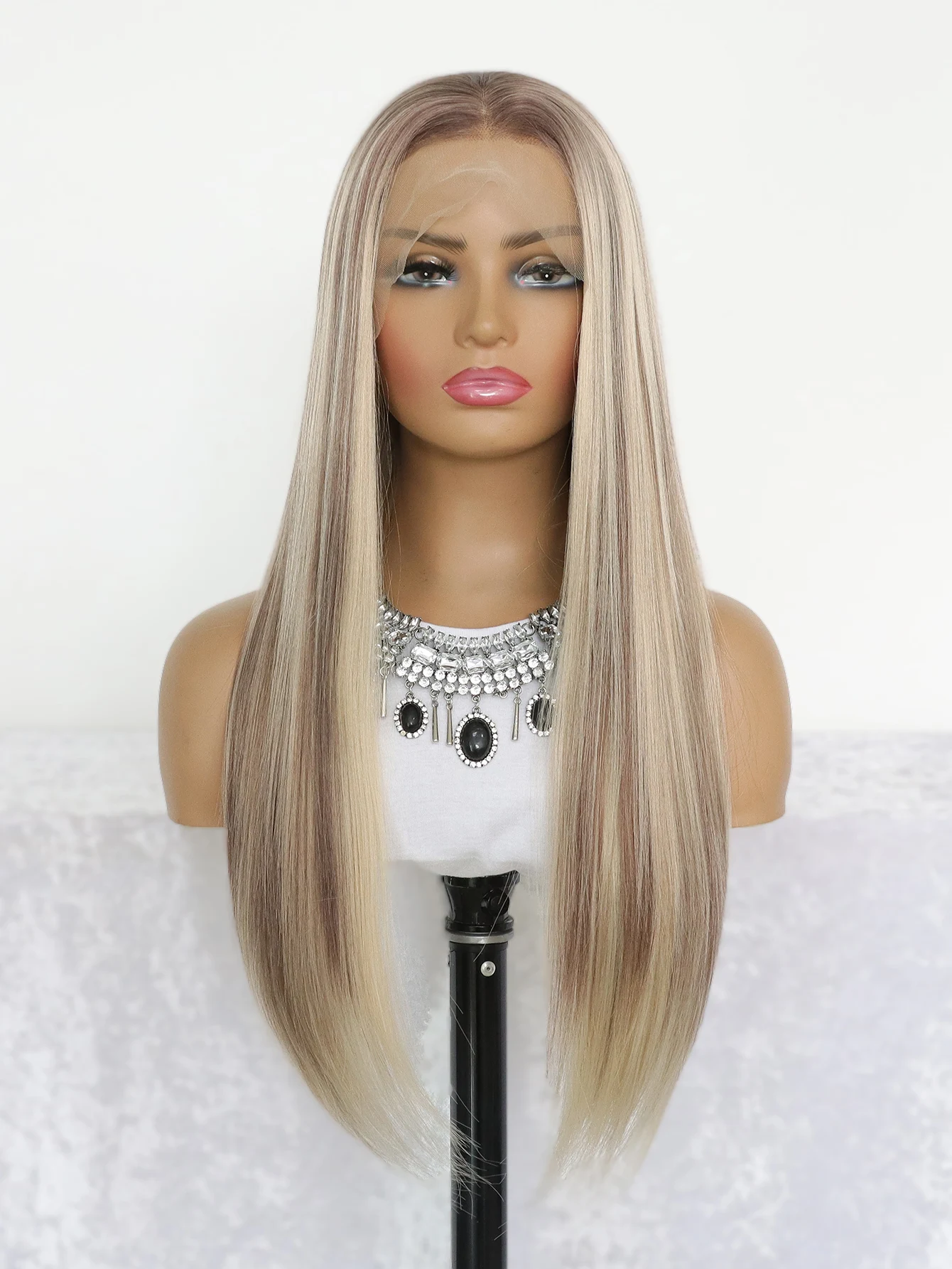 Highlight Bruine Synthetische Kant Pruiken Voor Vrouwen 13X4 Lace Front Pruik Pre Geplukt 24 Inch Rechte Kant Frontale Pruiken Blonde Dagelijks