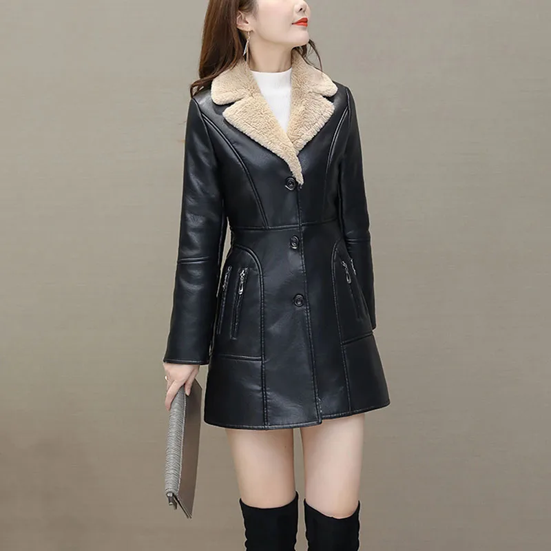 สตรีหนัง Windbreaker Plus กํามะหยี่หนา PU หนังผ้าฝ้ายเสื้อสูทยาวขนาดใหญ่แฟชั่นแจ็คเก็ตหนัง