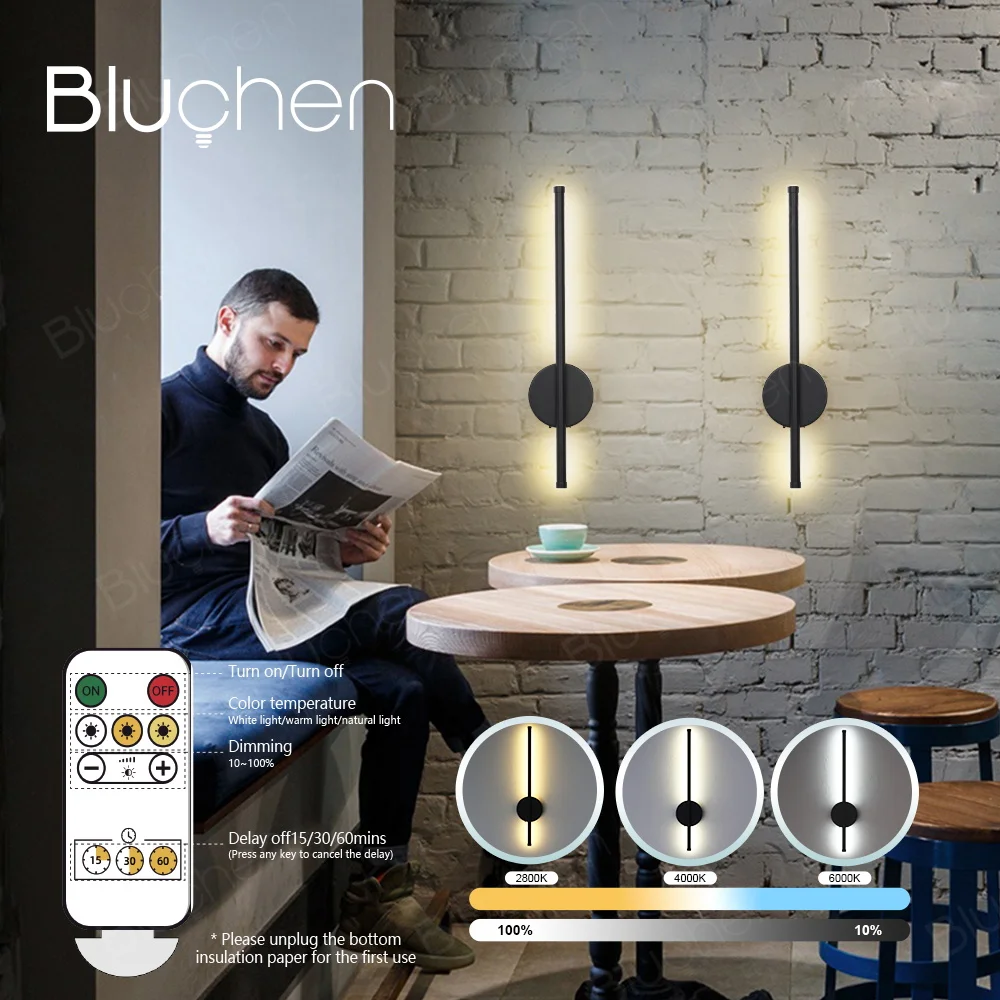 Lâmpada de parede LED sem fio 5V recarregável 50cm 80cm luz de parede com controle remoto moderna lâmpada de cabeceira para quarto preto