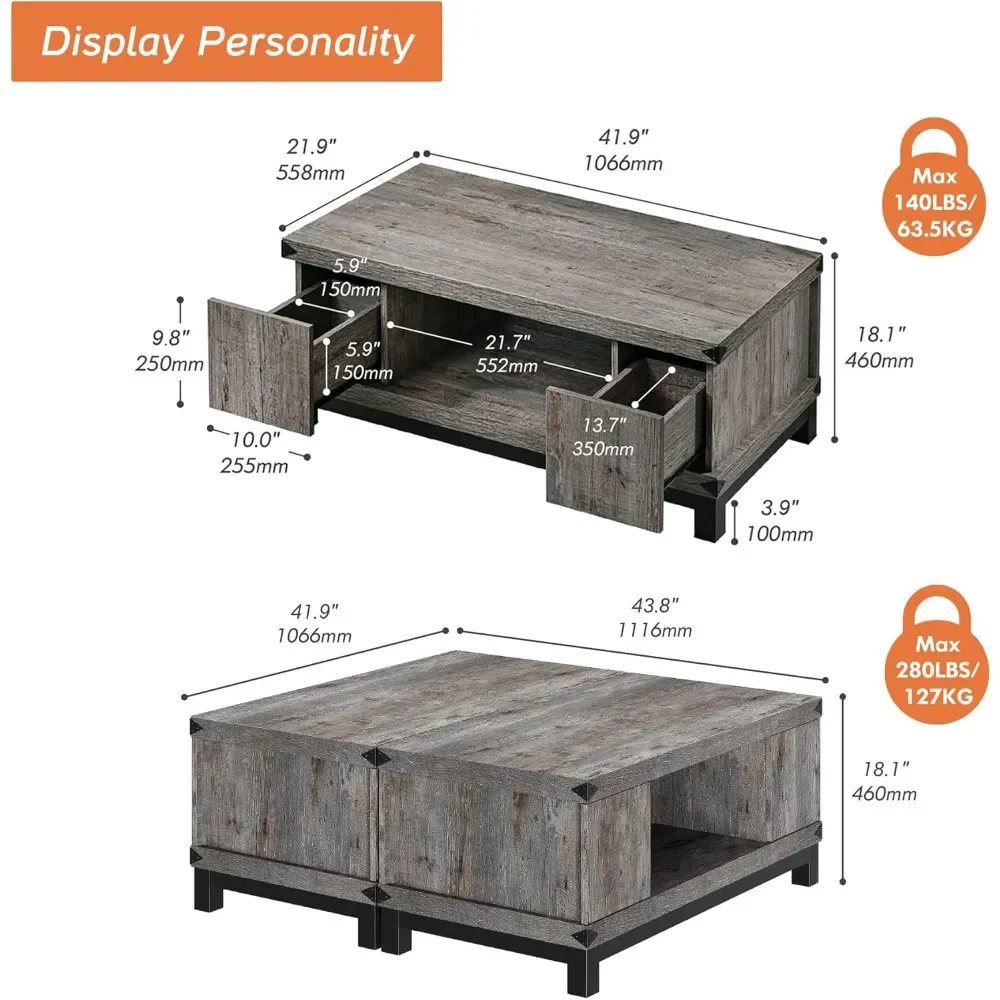 Mesa de centro LED de madera, mesas de té cuadradas, con cajones de almacenamiento, con estantes de almacenamiento dobles