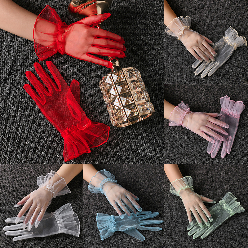Guantes cortos de tul para mujer, manoplas de encaje Sexy, guantes de dedo completo de tul para conducir, guantes transparentes para novia y boda