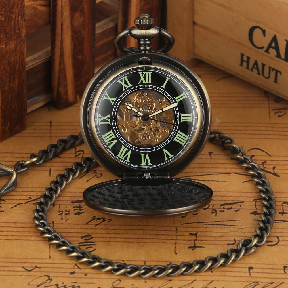 Mechanische Automatische Kupfer Glatte Taschenuhr Leucht Design Steampunk Fob Uhr mit Kette Geschenk für Männer Relogio De Bolso
