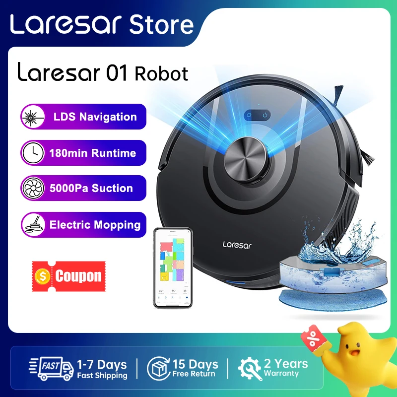 Laresar L20 Robot Odkurzacz z Mocą 5000Pa, Nawigacja LDS, Stacja Samooczyszczania, Inteligentne Sterowanie przez Aplikację do Podłóg i Dywanów