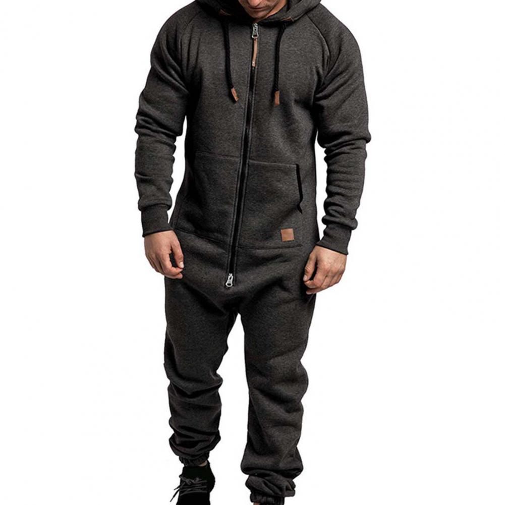 Macacão masculino macacão pijamas manga longa moletom cor pura emenda outono inverno casual hoodie masculino zíper macacão