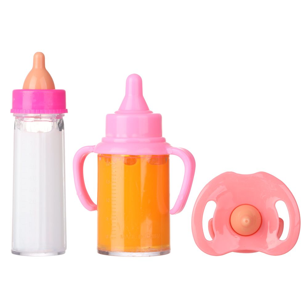 Garrafas mágicas de suco de leite para boneca de 18 polegadas com babadores de chupeta cabem em bonecas recém-nascidas, garrafa de plástico para casa de bonecas, brinquedos reborn
