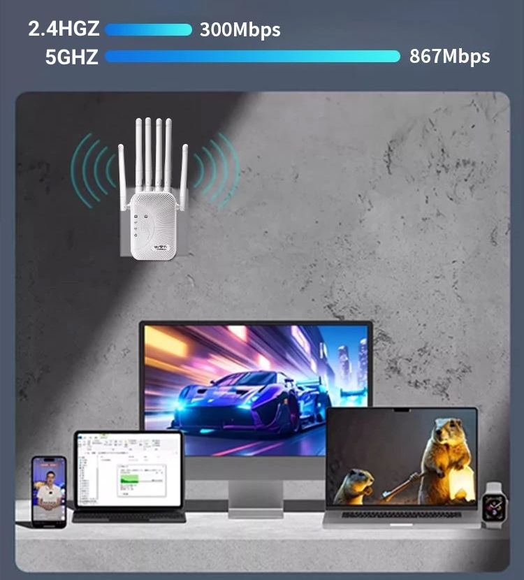 Repetidor WiFi de 1200Mbps, amplificador inalámbrico de doble banda, amplificador de señal de largo alcance de red de 2,4G y 5GHz para repetidor Wi-Fi de oficina en casa