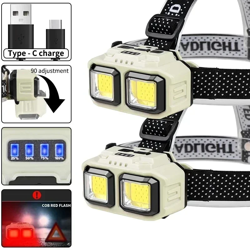 Potente linterna frontal LED de inducción, 4 modos de iluminación, linterna frontal de carga tipo C, impermeable para exteriores, para acampar y pescar