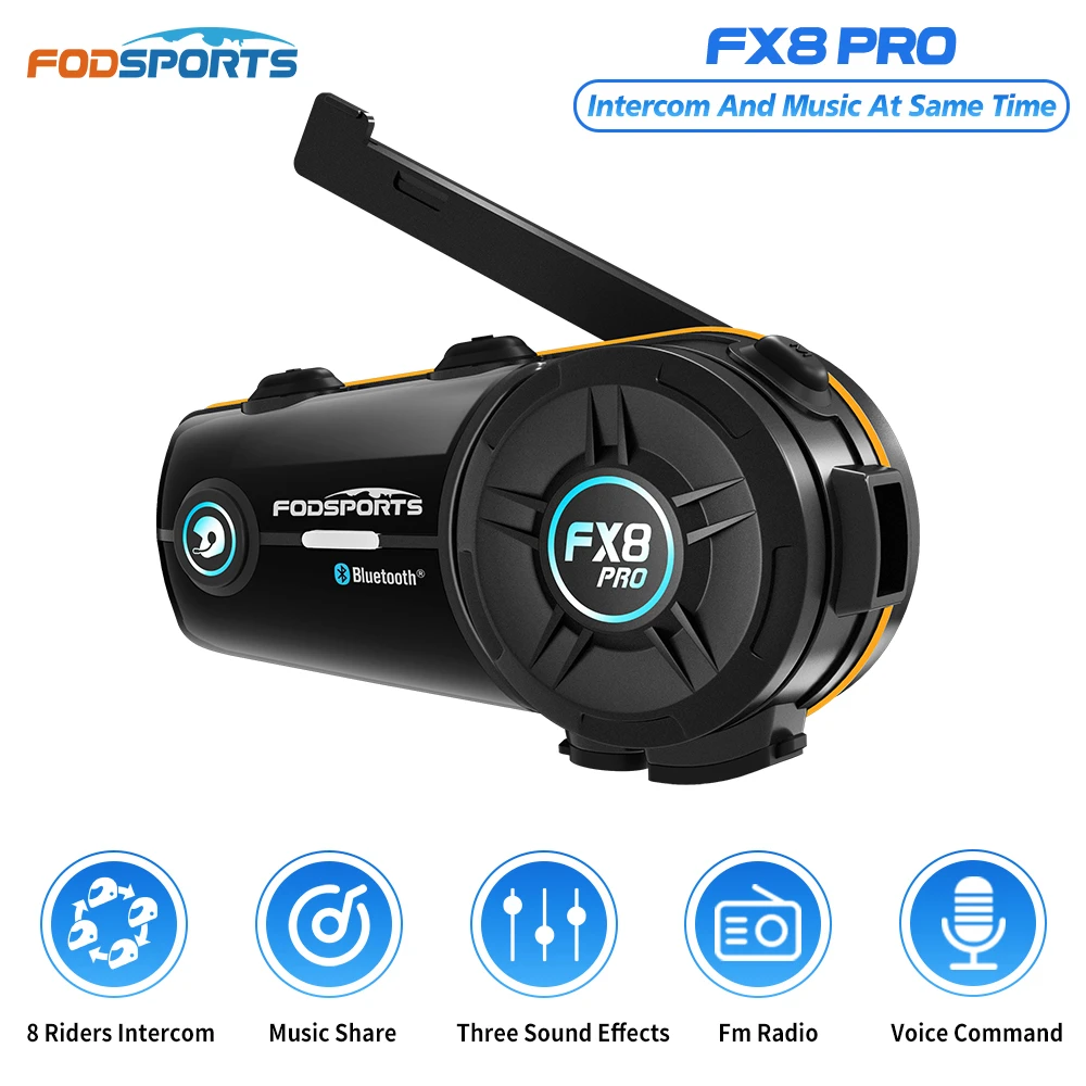 Fodsports FX8 Pro Intercomunicador de motocicleta Bluetooth Casco auriculares, BT Interfono,8 Riders 2000M,Música compartida, Doble chip, Radio FM.