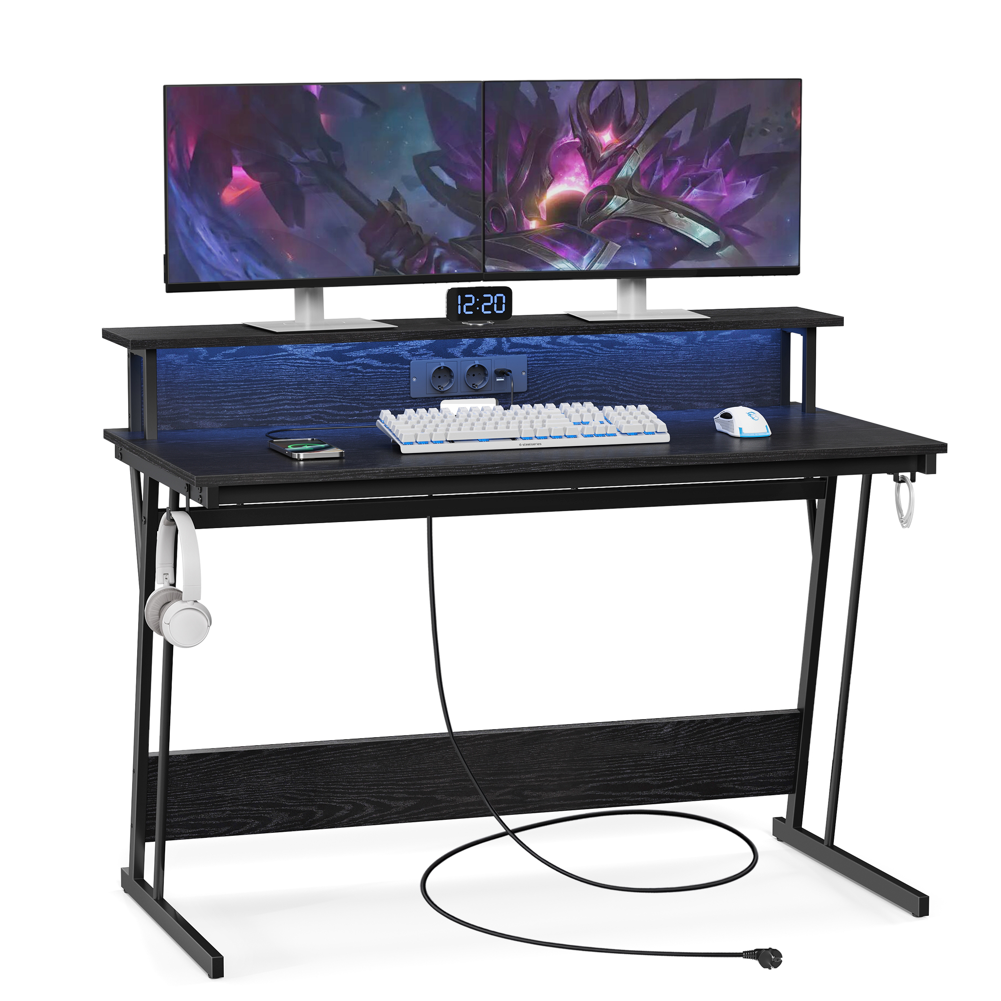 VASAGLE Bureau Gaming avec LED et Multiprise, Table Gamer, Bureau Informatique avec Rehausseur d’Écran, pour 2 Ordinateurs, pour Chambre, 60 x 120 x 76 cm