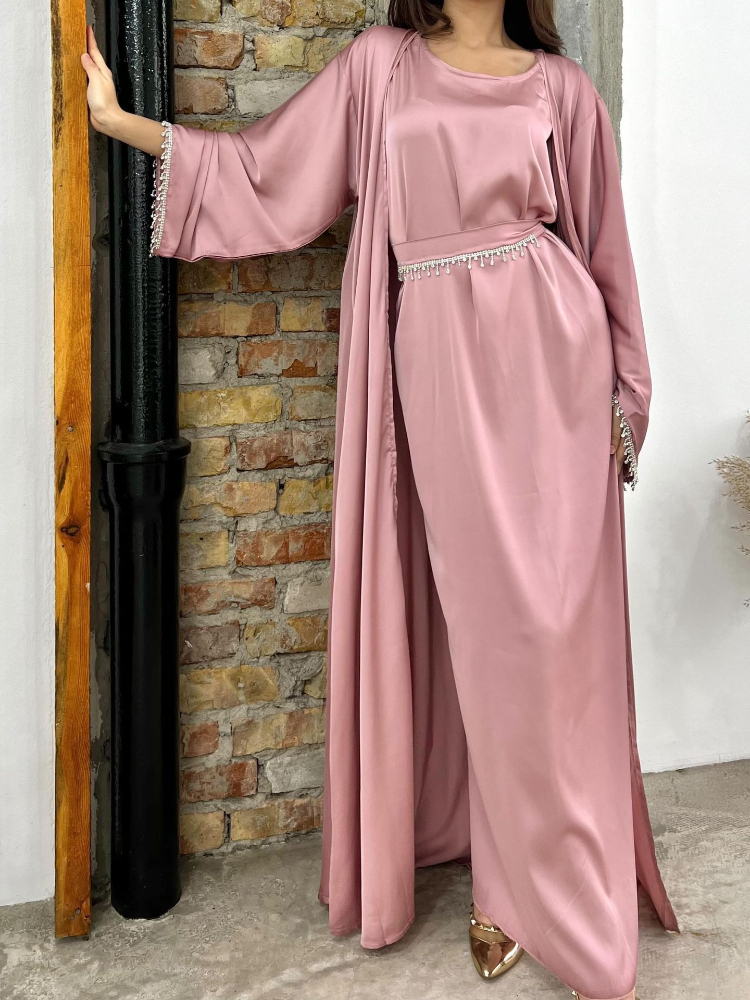 Eid seda cetim festa abayas conjunto 2 peças ramadan feminino com 2 correntes de diamante cardigan robe abaya islâmico 2024