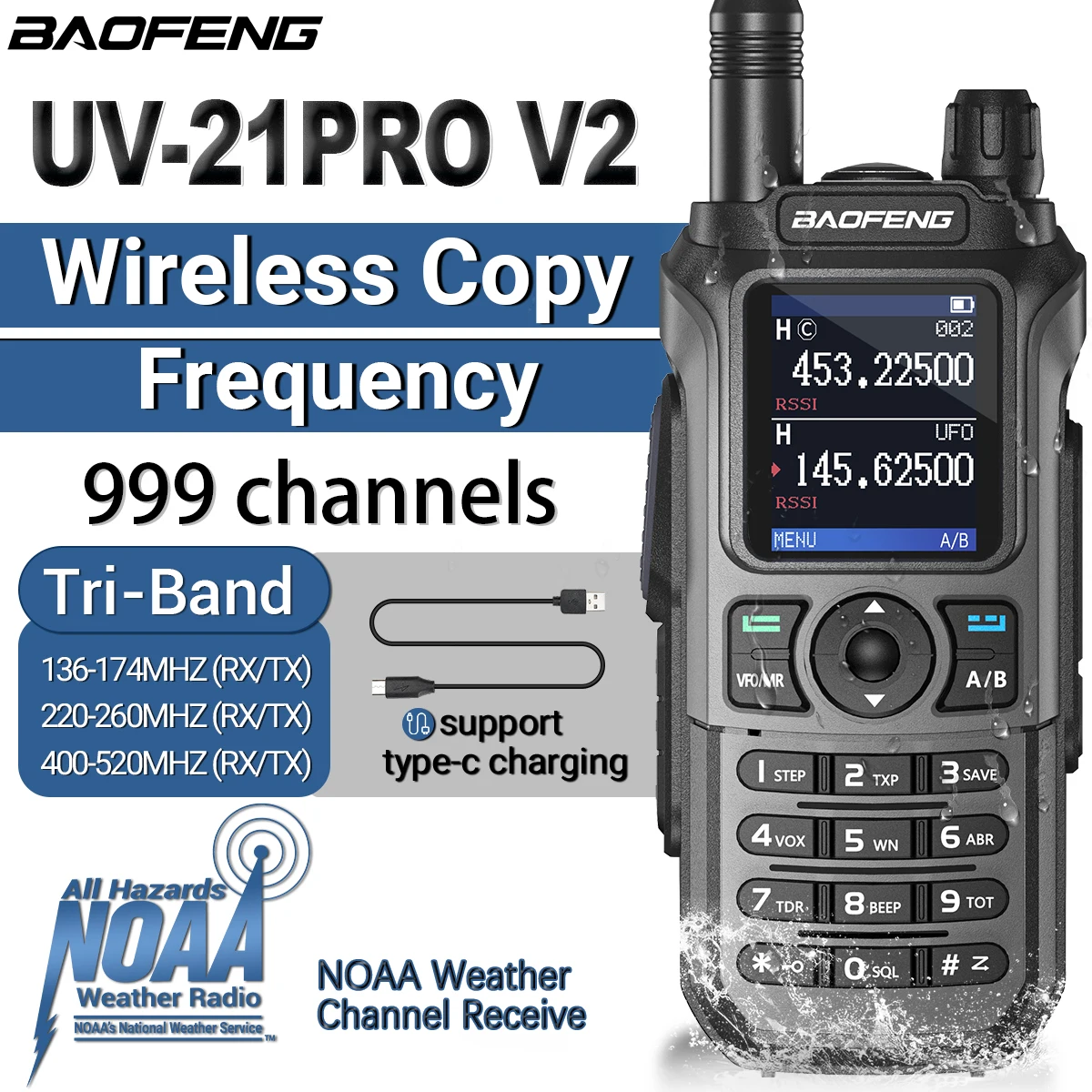 Baofeng UV-21 Pro V2 Walkie Talkie Langstrecken-Funk frequenz Typ-C-Ladegerät Tri-Band leistungs starkes wasserdichtes Funkgerät