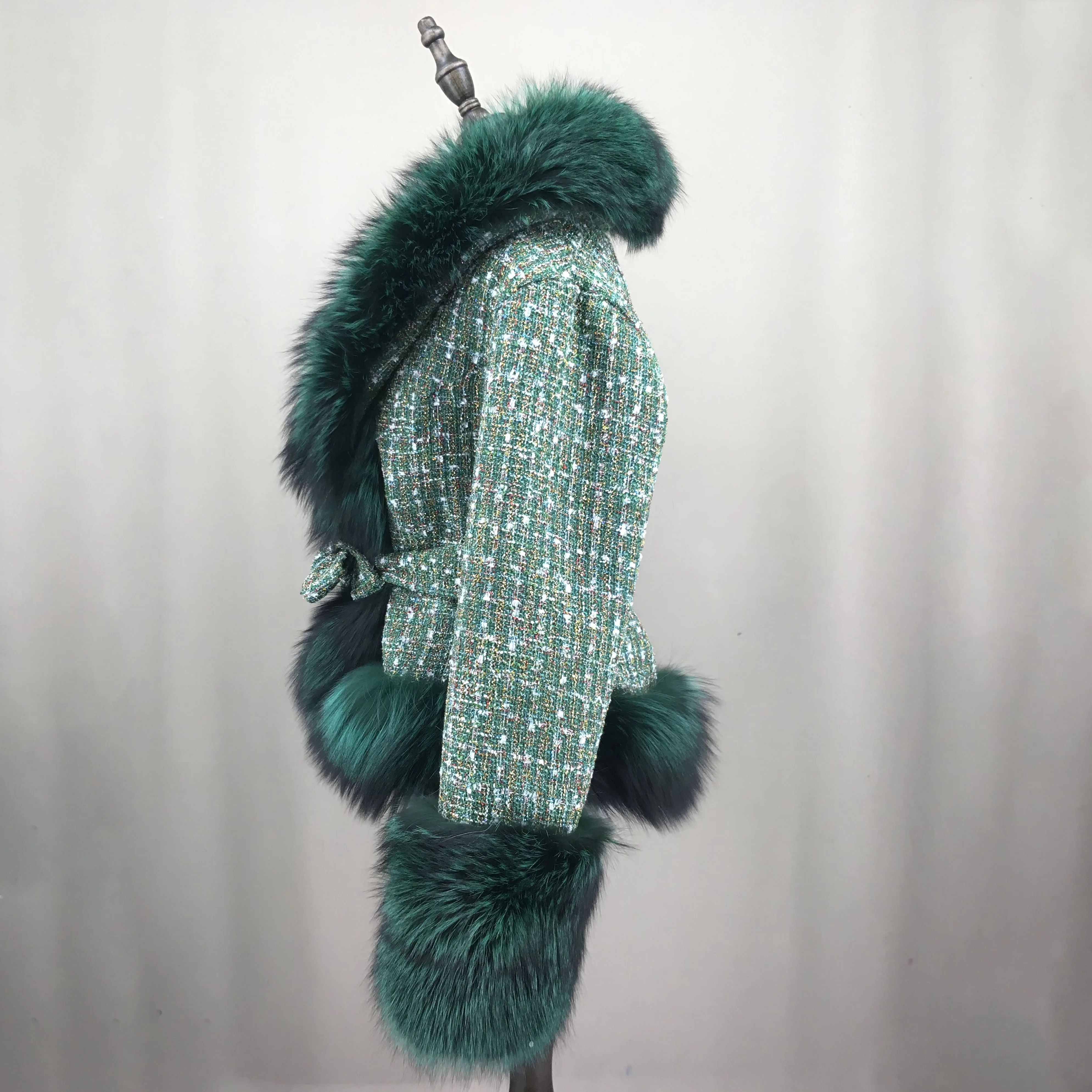 Casaco curto com gola de pele de raposa vermelha real para mulheres, frente e cinto, pele elegante, cor verde, casaco outono e inverno
