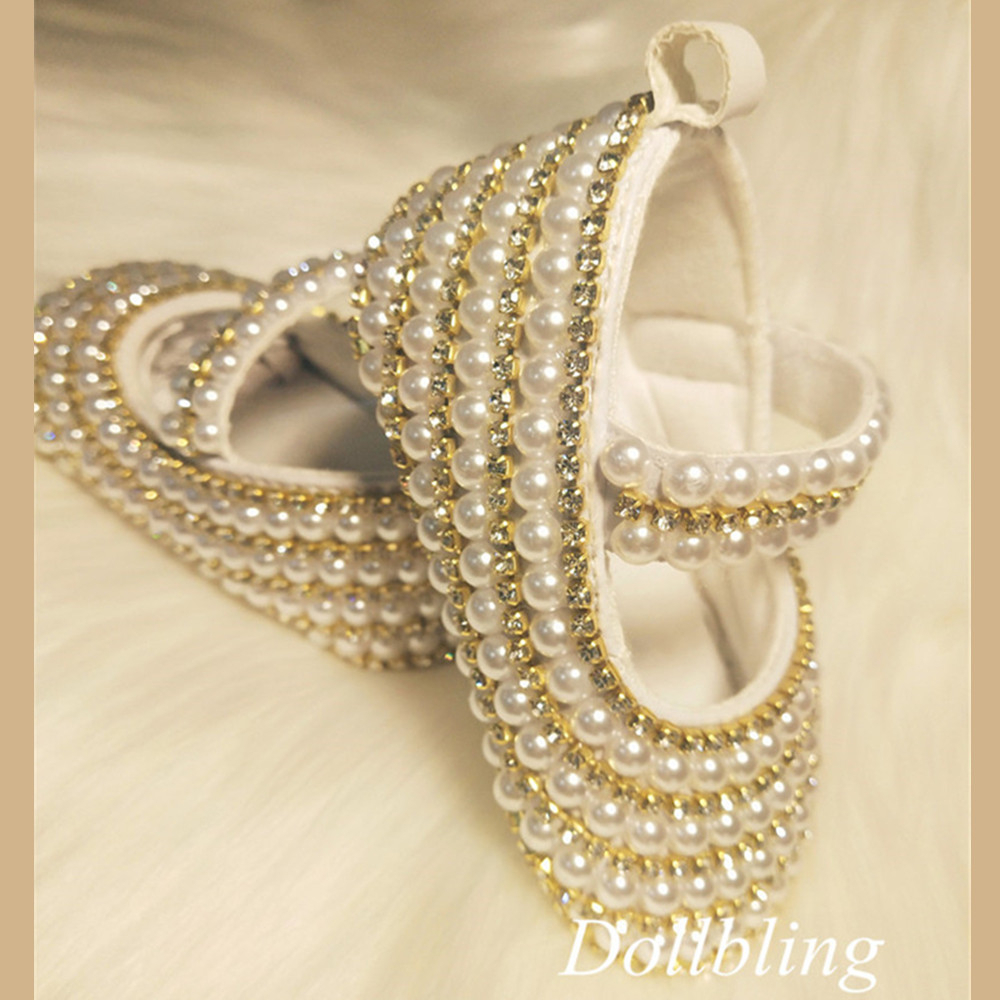 Dollbling Princess Girl Off-white Pearls Ordinal Rhinestone Comfortable Soft Cotton Inner Hook and Loop Toddler Crib Shoes