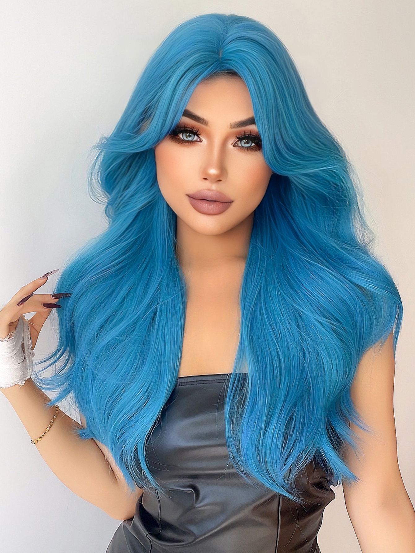 28 Polegada mar cor azul perucas sintéticas parte média longo natural ondulado peruca de cabelo para mulheres cosplay drag queen festa resistente ao calor