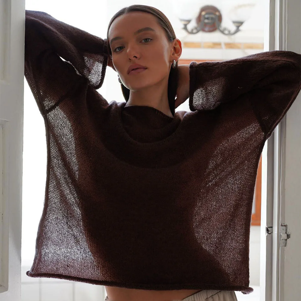 Talenza Hohlstrickpullover Pullover Damen Solide Durchsichtig O-Ausschnitt Langarm Gestricktes T-Shirt Lose Lässiger Pullover 2025