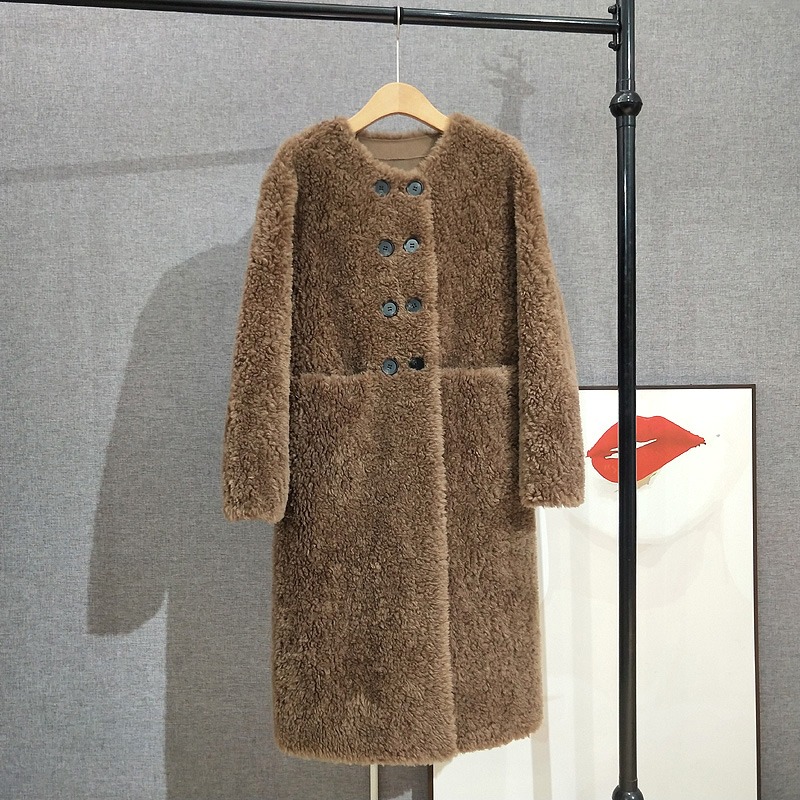 Lady Long 100% Lamb Fur Coat Double-breasted Sheep Shearling Warm Jacket  Female Round Neck Parka PT401