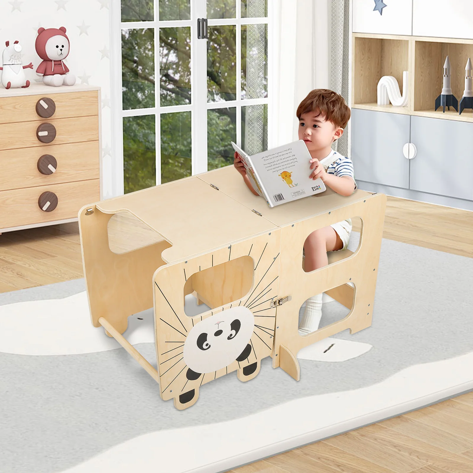 Torre de aprendizagem Montessori 3 em 1, conversível em uma mesa infantil com cadeira - banco de cozinha e cadeira de pé