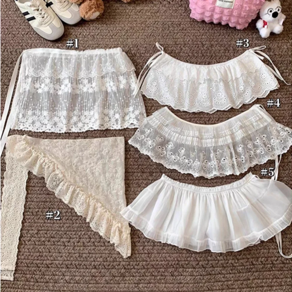 Minifaldas Y2K para mujer, falda Bandage de tul blanco estético Harajuku, minifalda con adorno de encaje de Lolita Vintage japonés, pantalones a juego
