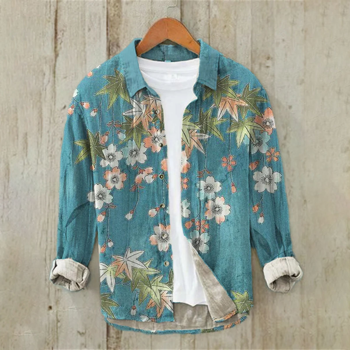 Linen Printed Long Sleeve Shirt Ocean Wave Traditional Pattern Art Hawaiian Shirt Men's Super Large Size S-6XL Fast Shipping