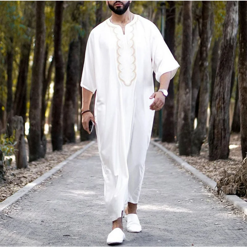 Kaftan verão médio oriente masculino árabe robe solto com decote em v manga curta impresso roupas muçulmanas masculinas roupas islâmicas kaftan