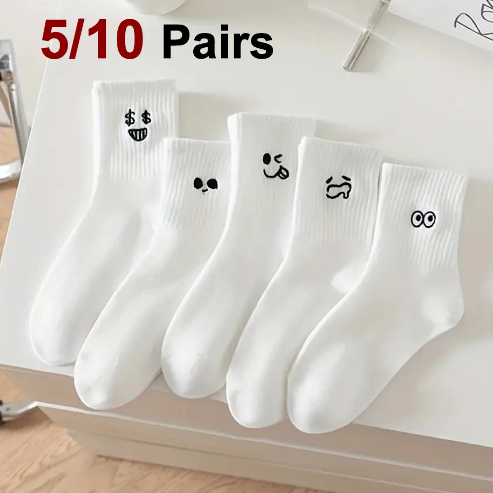 5/10 paar dames witte cartoonsokken trendy veelzijdige expressie sokken eenvoudig ontwerp zachte ademende comfortabele casual sokken