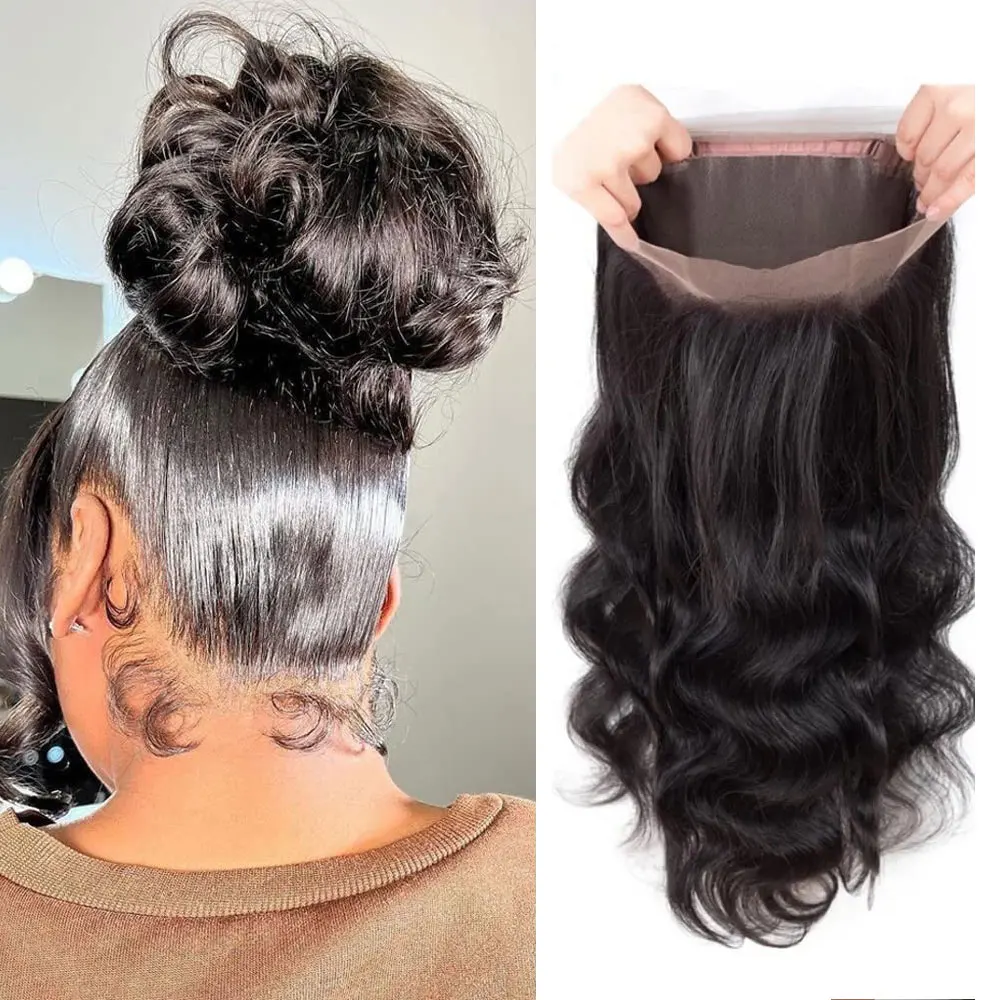 Onda do corpo cabelo humano 360 fechamento frontal do laço 10 - 22 polegadas preto natural pré-arrancado ondulado 360 fechamento do laço para mulher