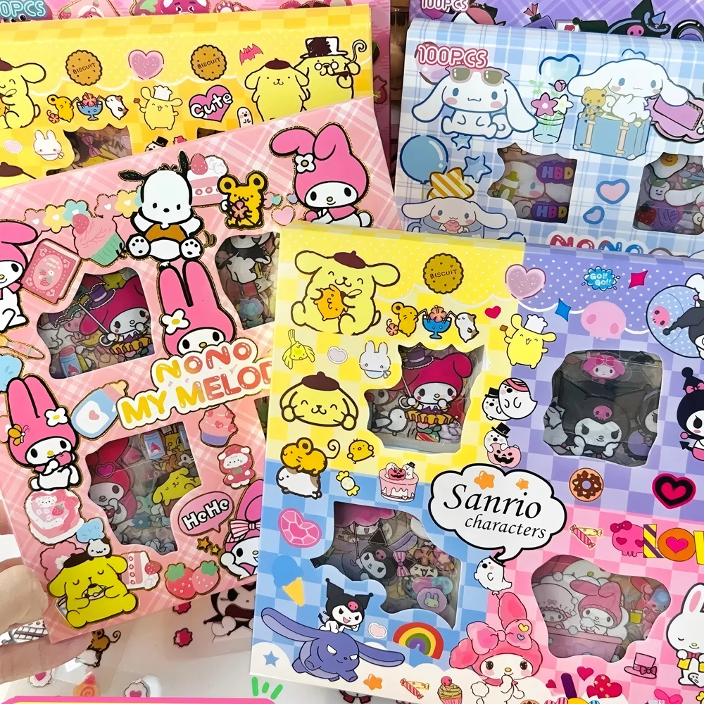 100 pezzi carino Sanrio adesivi Kawaii bambini ragazze decalcomanie giocattoli trasparenti My Melody Kuromi adesivo impermeabile cartone animato regali di compleanno