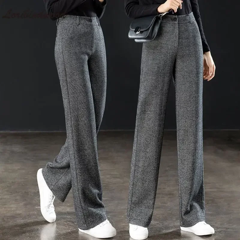 Fischgräten Muster Woll Breite Bein Hosen Für Frau 2022 Frühling Herbst Hohe Taille Gerade Hosen Hosen Damen Dünne Klage Hosen