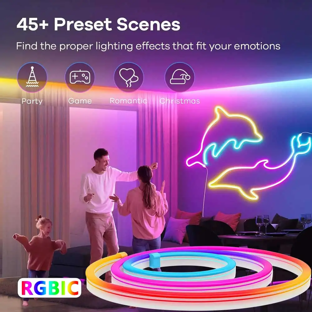 TUYA 네온 LED 스트립 조명 5V 72LED/M 실리콘 네온 로프 라이트(음악 동기화 포함) RGBIC Dreamcolor Chasing 스트립 테이프(룸용)