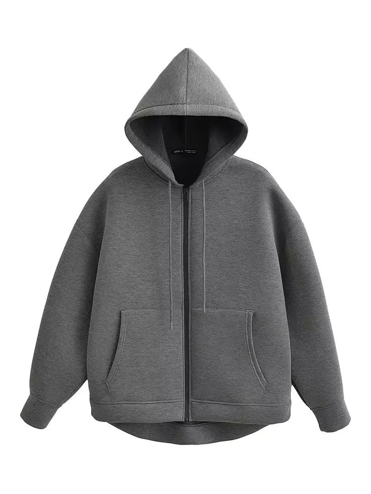 HH Herbst Frauen Grau Jacke Mit Kapuze Langarm Große Tasche Zipper Jacke Mantel Frau Lose Beiläufige Oberbekleidung Mantel Tops