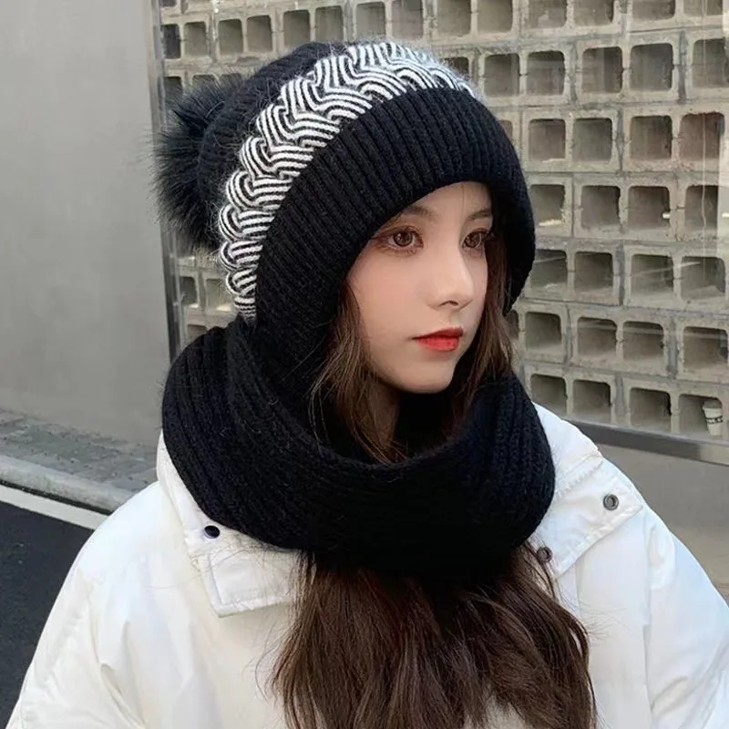 Gorro de lana para mujer, versátil en otoño e invierno, versión coreana, gorro de punto moderno y cálido con terciopelo grueso y bufanda, uno-