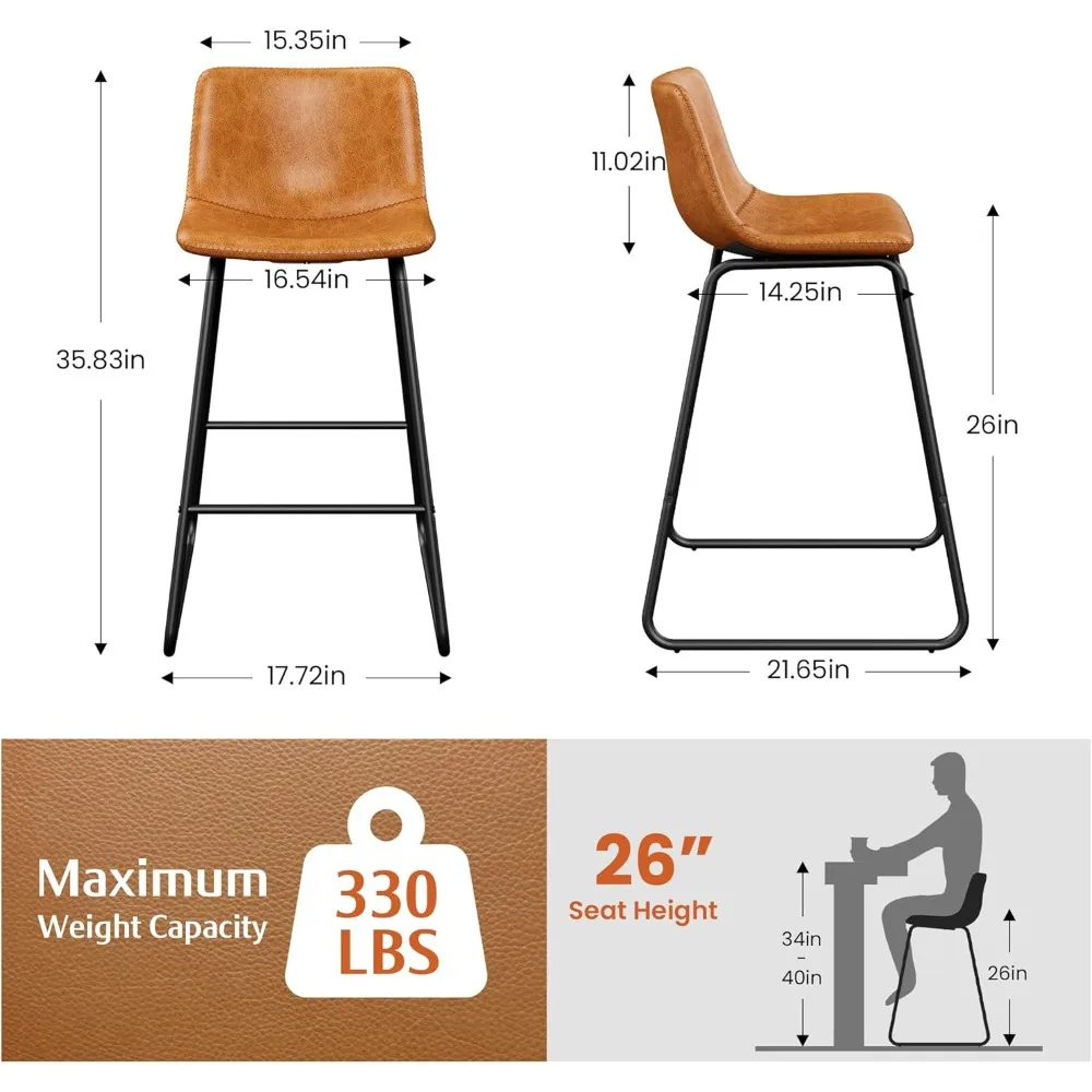 Bar Stools Set of 2, PU Leather Counter Height Bar Stools, 26" Modern Barstools with Metal Legs and Footrest, Urban Armless