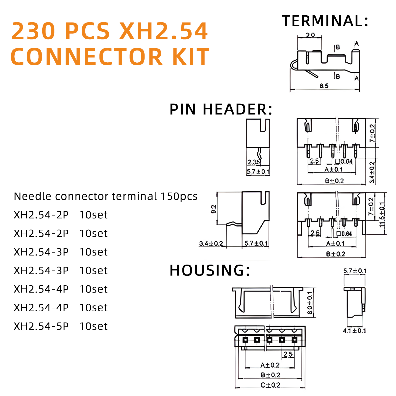 230pcs 2.54mm JST Connector Kit XH-2.54 2/3/4/5/6 Pin Male&Female Housing Connector Adapter Plug 2.54mm Pitch Wire Terminal Kit