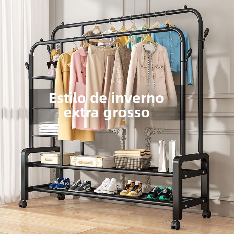 Varal de Chão Simples com Haste Dupla para Roupas, Suporte de Ferro para Armazenamento Interno, Prateleira para Quarto e Varanda