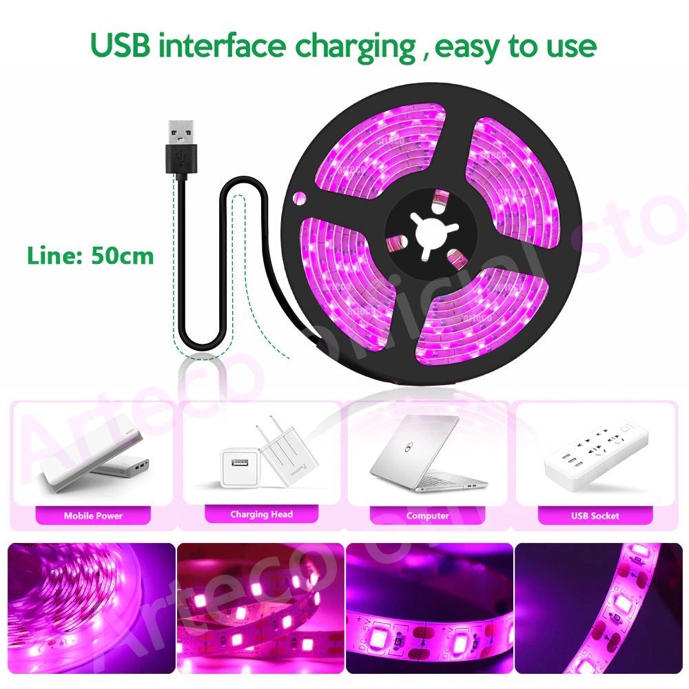 Arteco LED Vollspektrum-Pflanzenlampe, USB-Wachstumslicht, flexibles LED-Wachstumslicht, Phyto-Lampe, Blumensämling, Hydrokultur-Beleuchtung, 1–5 m
