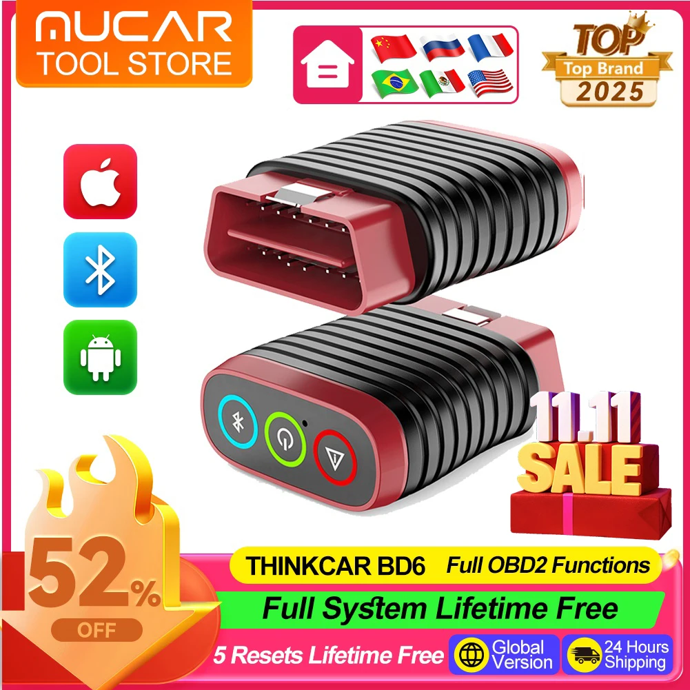Thinkcar BD6 OBD2 сканер полная система диагностический инструмент 5, сброс, бесплатный беспроводной считыватель автомобильных кодов для Android Iphone VS BT200