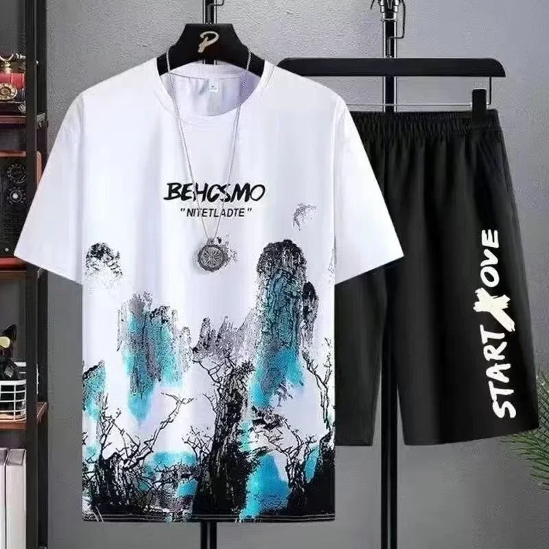 2025 sommer Dünne beiläufige Männer set Manga Graffiti Tees T-shirt + shorts 2 stück Bequeme und atmungsaktive männer Top print T-shirts sets