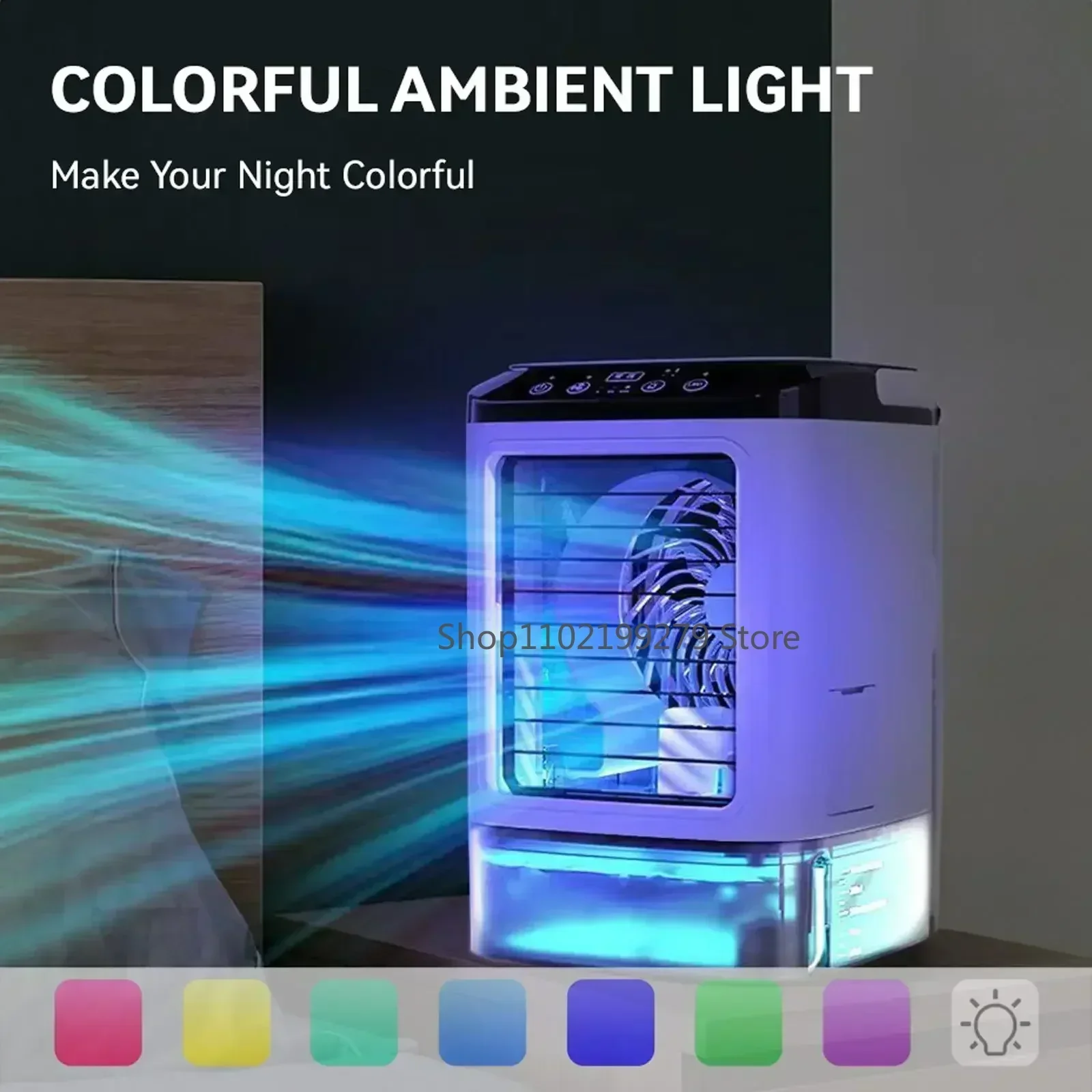 Climatiseur Portable à 3 vitesses, Mini climatiseur, réservoir d'eau de 900ml, refroidisseur d'air avec veilleuse 7 couleurs pour bureau et chambre à coucher