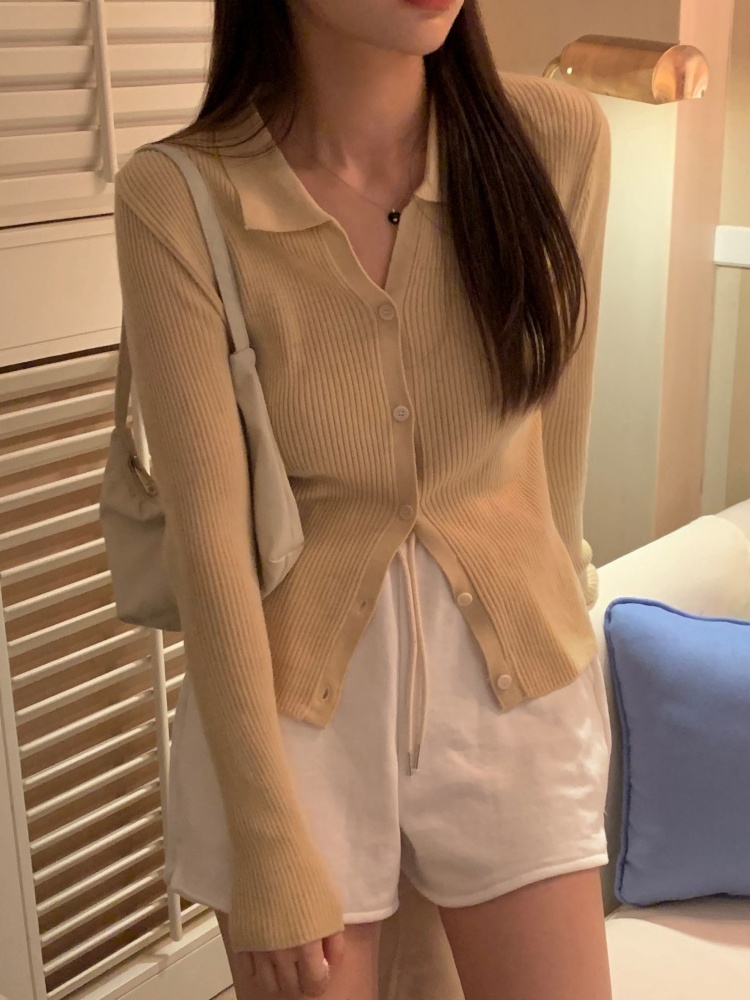 女性のポロネック長袖ストライプニットウェア秋 2023 新しいスタイル小さいサイズオープンカーディガントップスリムフィット韓国スタイル