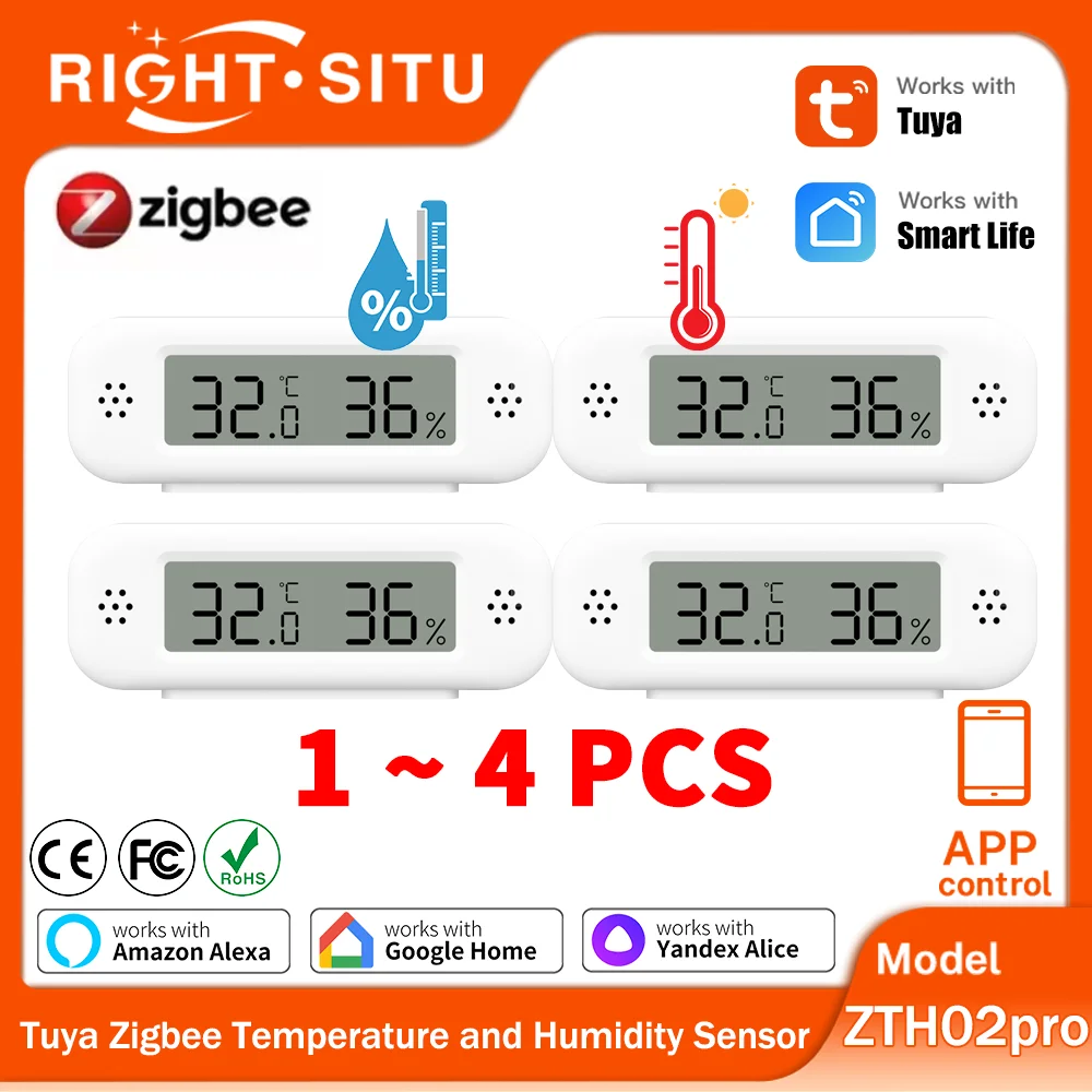 Mini sensor de temperatura e umidade tuya zigbee 3.0, 1 a 4 peças, para casa inteligente, termômetro, higrômetro, aplicativo remoto, trabalho com yandex alexa