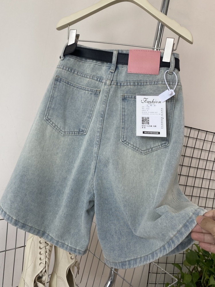 Faion High Waist Pleated Wide Leg Denim orts Meat Concealing Summer New Sle ort Pants Cool Feeling Casual Jeans