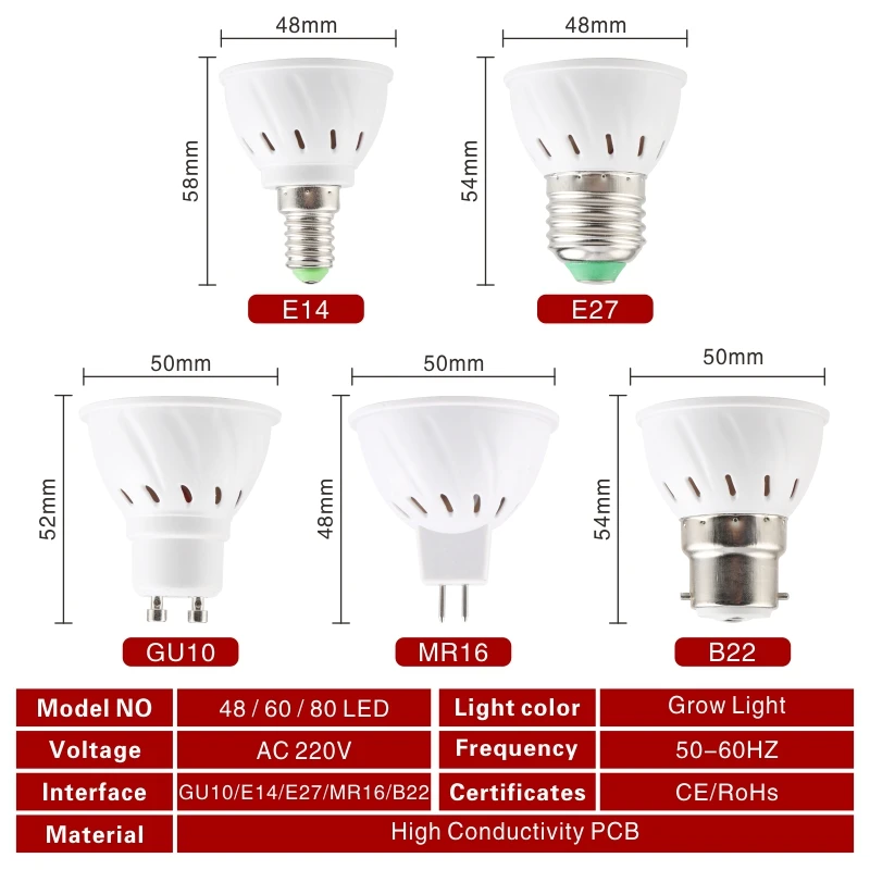 Led水耕栽培ランプ,e27,e14,gu10,mr16,b22,220v,3w,4w,5w,フルスペクトル,顕花植物栽培用