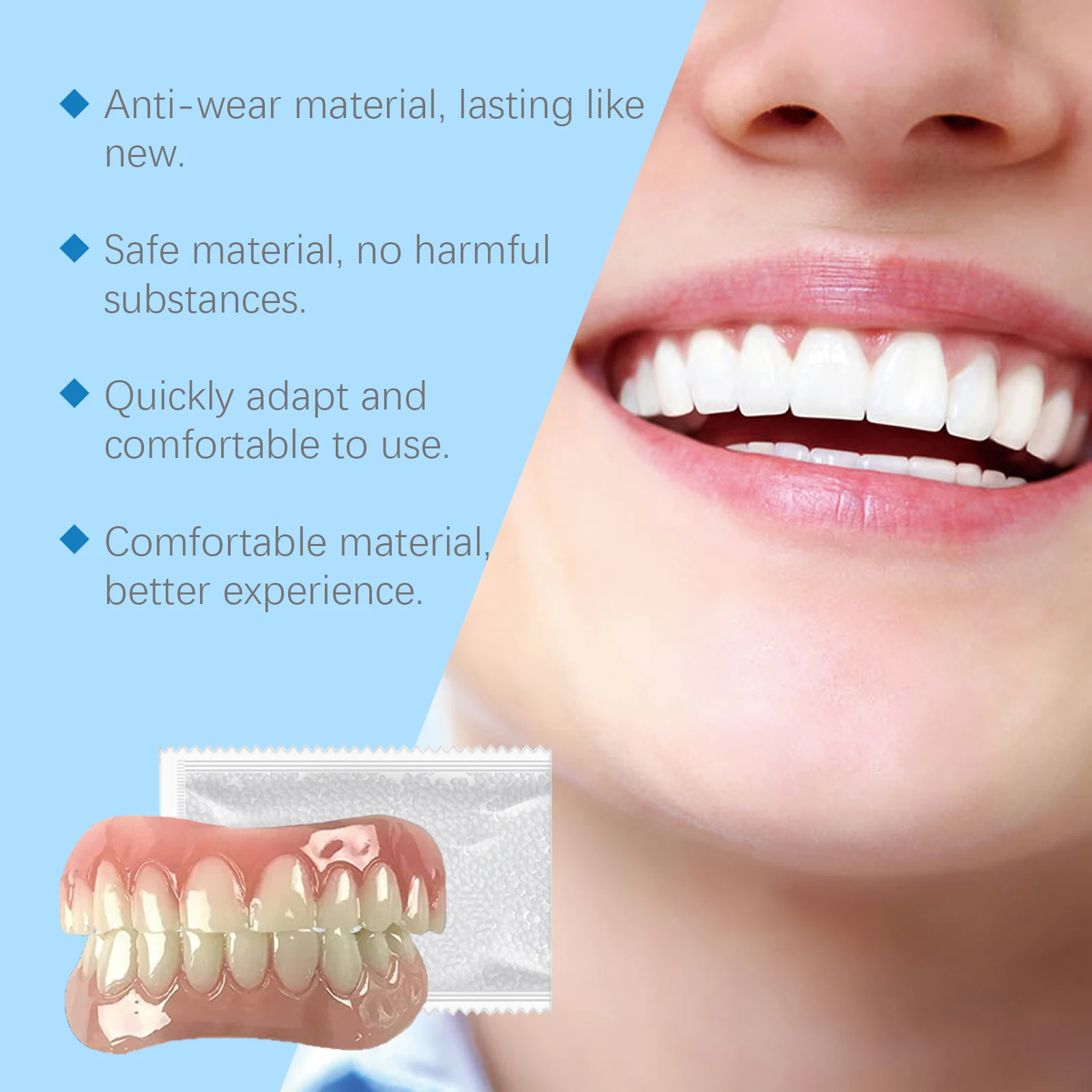 Juego completo de dentaduras postizas de silicona para prevenir la caída de las encías, reparación temporal, chapa de dientes postizos rotos, Kit de restauración de dientes sonrientes