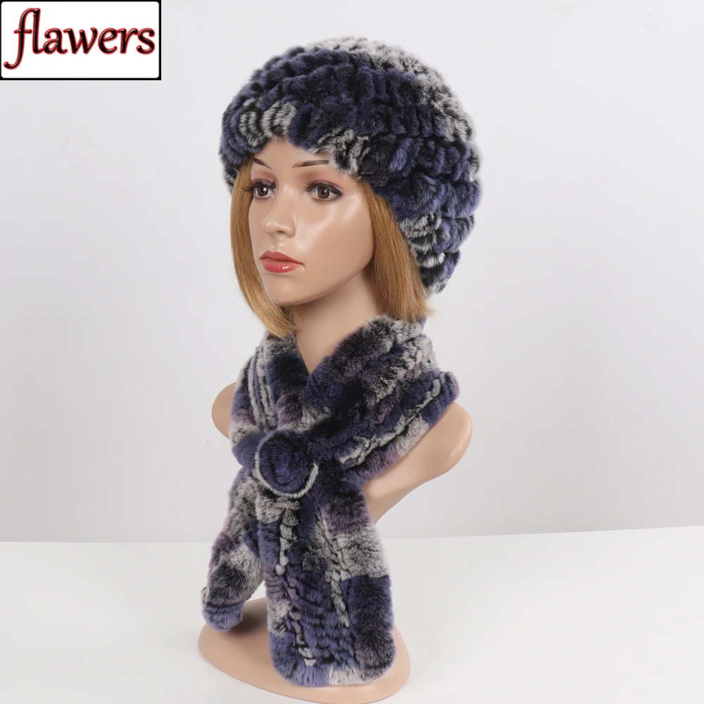 2025 nuevas mujeres sombrero de piel auténtica bufanda conjuntos invierno cálido tejido Rex gorros de piel de conejo sombreros bufandas mujer 100% sombrero de piel Natural bufanda