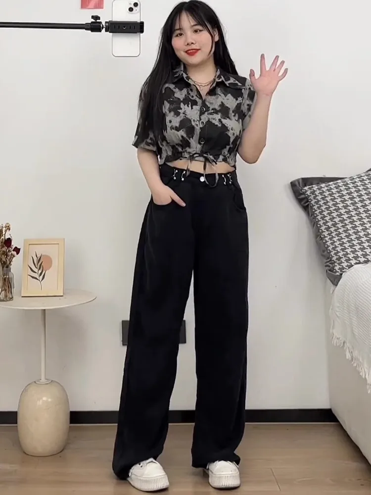 블랙 와이드 레그 데님 청바지 여성 가을 통통한 소녀 Mm 하이 웨이스트 스트레이트 레그 루즈핏 슬리밍 드래그 트레일 바지
