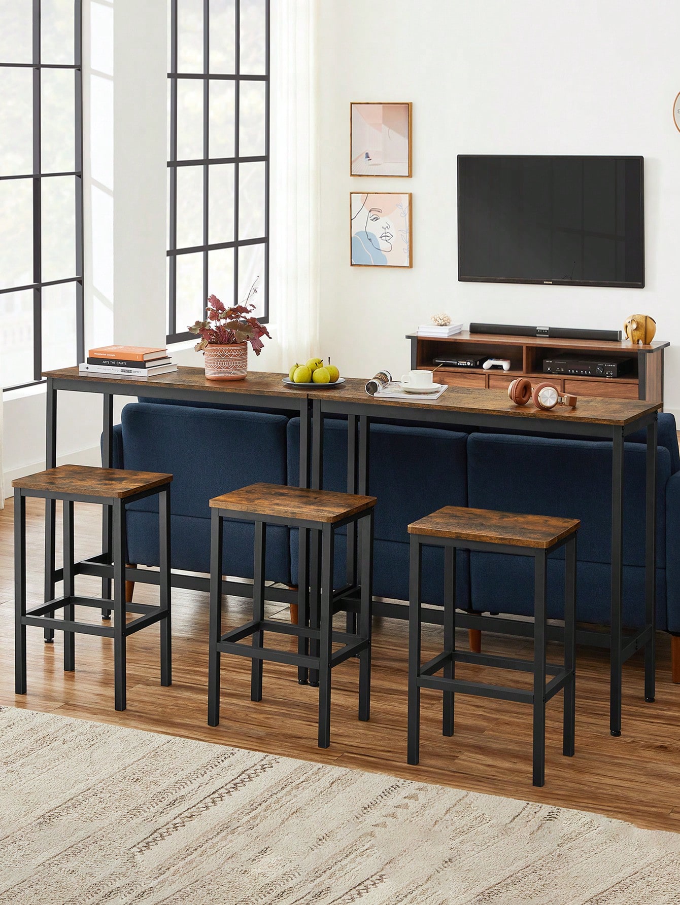 VASAGLE Dining Table Set, Bar Table with Stools, Breakfast Bar Table, 2 Stools, Industrial Steel Frame, Rustic Brown/Black
