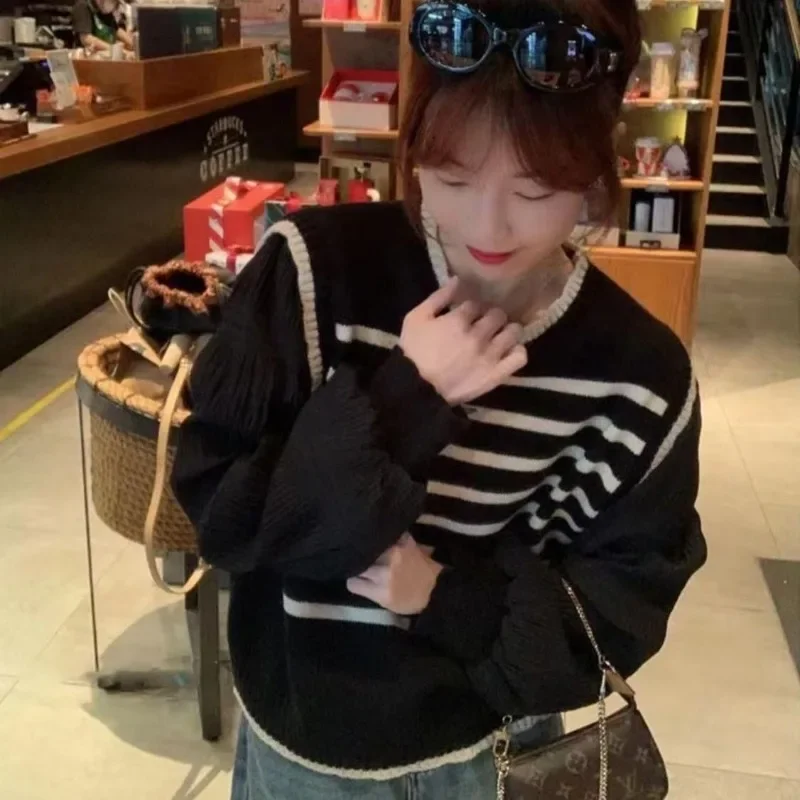 Suéteres de malha de 2 peças listradas preto e branco feminino, pulôver coreano de gola alta macia, primavera, outono
