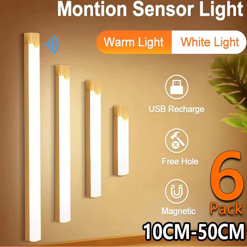 Luces debajo del armario, luces de cocina, Sensor de movimiento, tira recargable para interiores, iluminación de armario, funciona con batería magnética