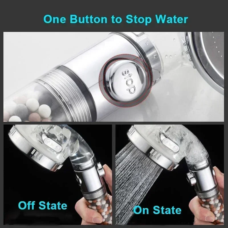 New fashion 3-Function SPA Shower Head with Switch Stop Button high Pressure Filter Bath Head Water Saving Shower Bathroom