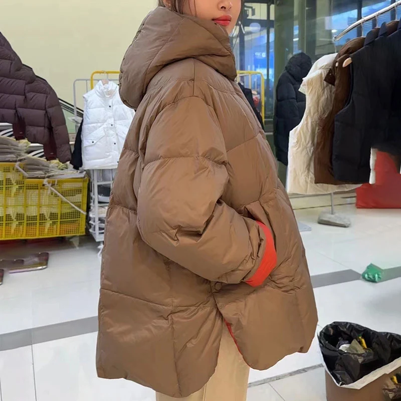 Schinteon Vrouwen Donsjack Casual Losse Oversize Warme Herfst Winter Uitloper Witte Eendendons met Kap Mode Jas 2024 Nieuwe